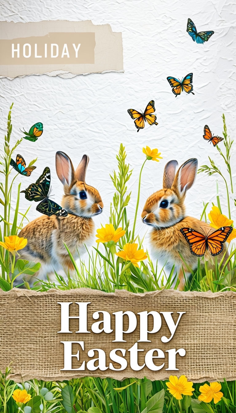 Whimsical Happy Easter Greeting Card with Nature Elements Social Media Post