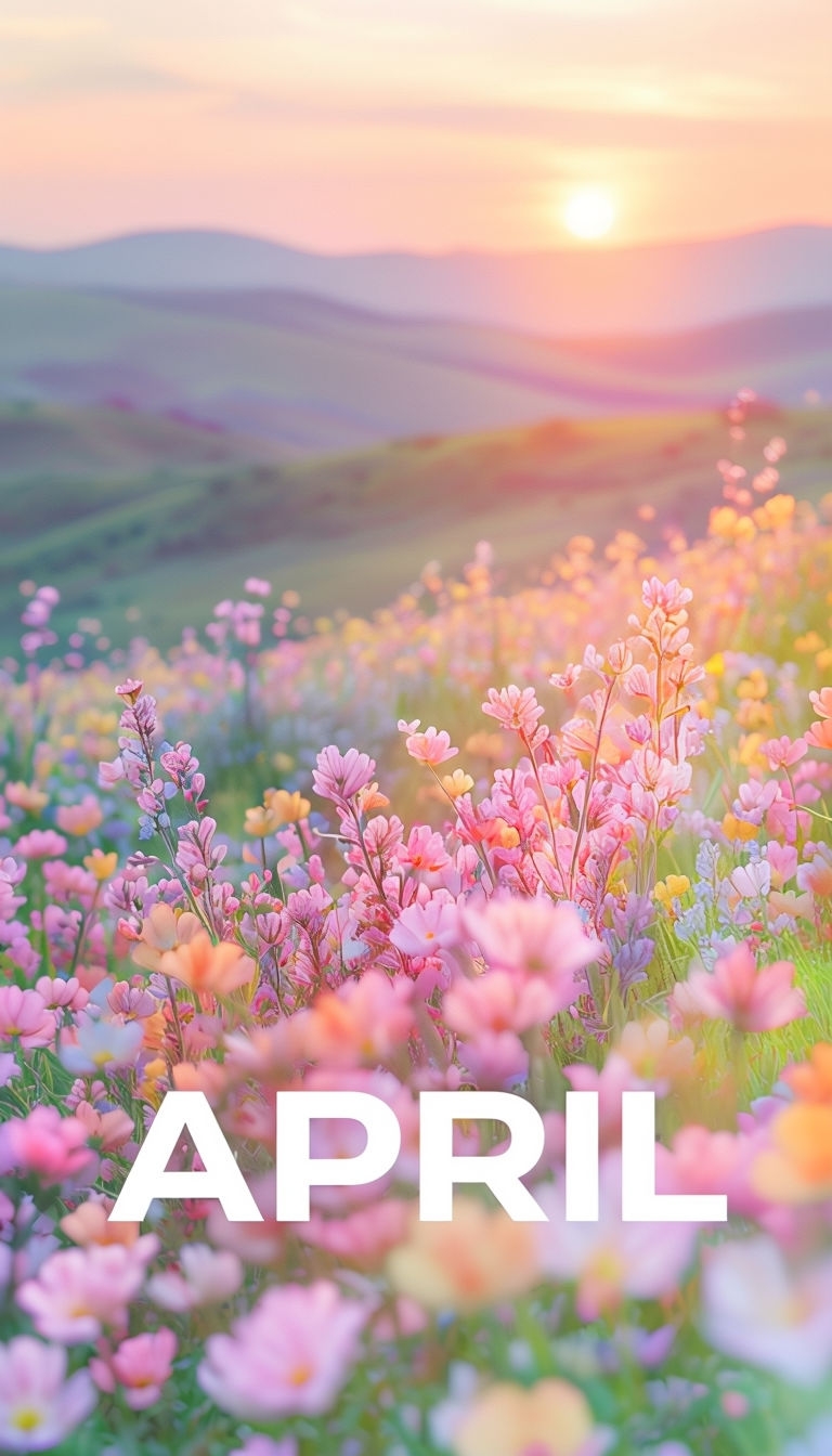 Serene Sunset Meadow with Wildflowers and April Text Social Media Post