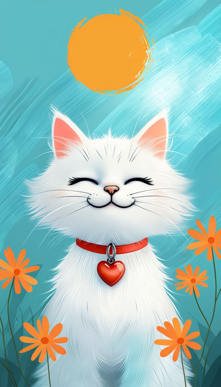 Cute Fluffy White Cat Illustration with Sun and Flowers Mobile Wallpaper