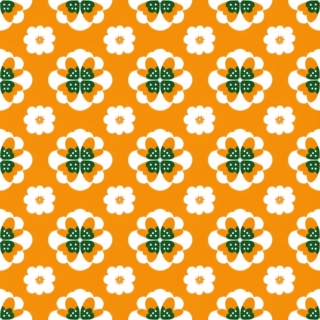 Bright Retro Floral Pattern on Amber Orange Background Seamless Patterns