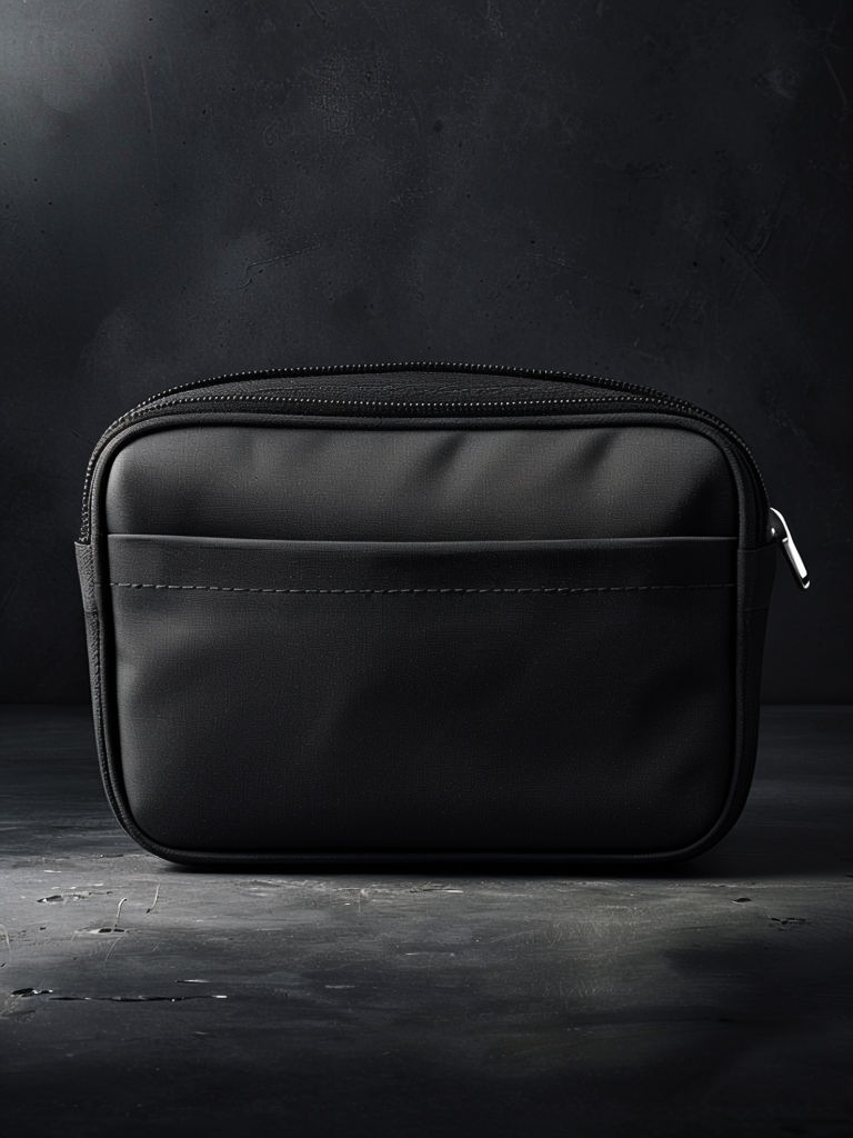 Sleek Black Zipper Pouch on Matte Concrete Background Mockup