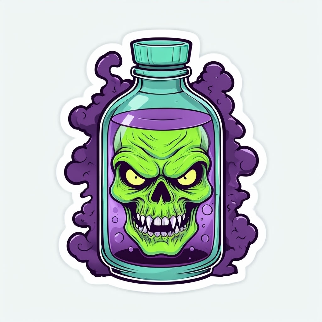 Eerie Cartoon Skull in Bottle with Glowing Ghostly Effects Sticker