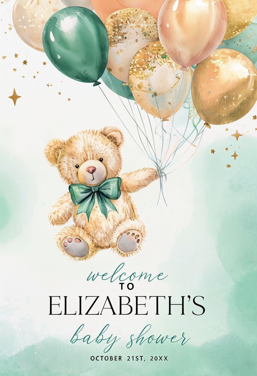 Whimsical Teddy Bear Baby Shower Invitation Card Design Sign