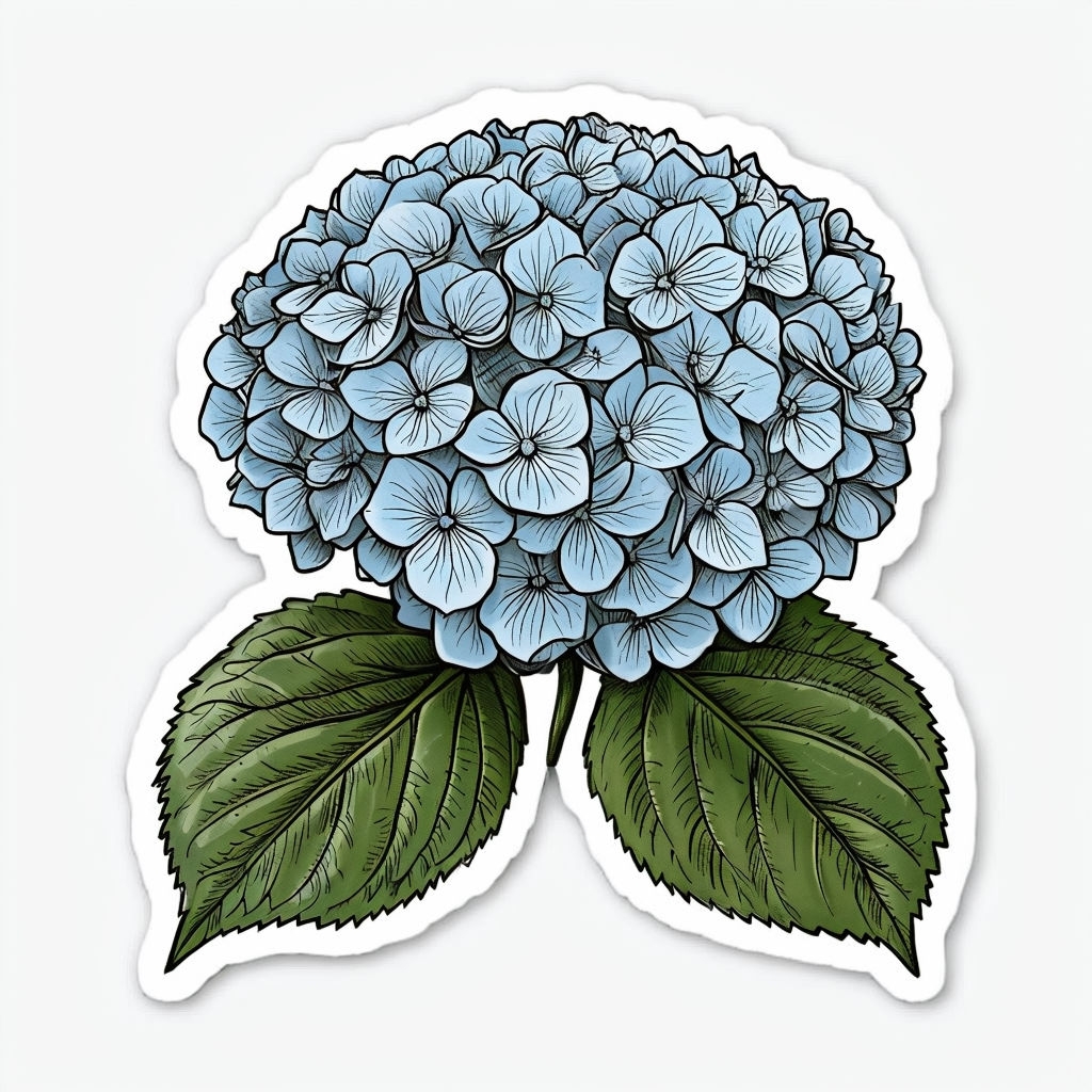 Intricate Hydrangea Plant Illustration with Green Leaves Sticker