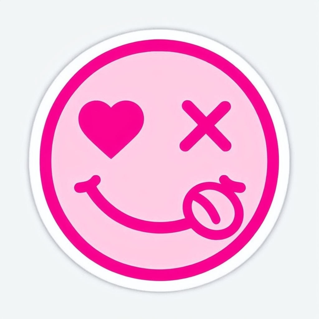 Playful Pink Cartoon Emoji Circular Sticker Design