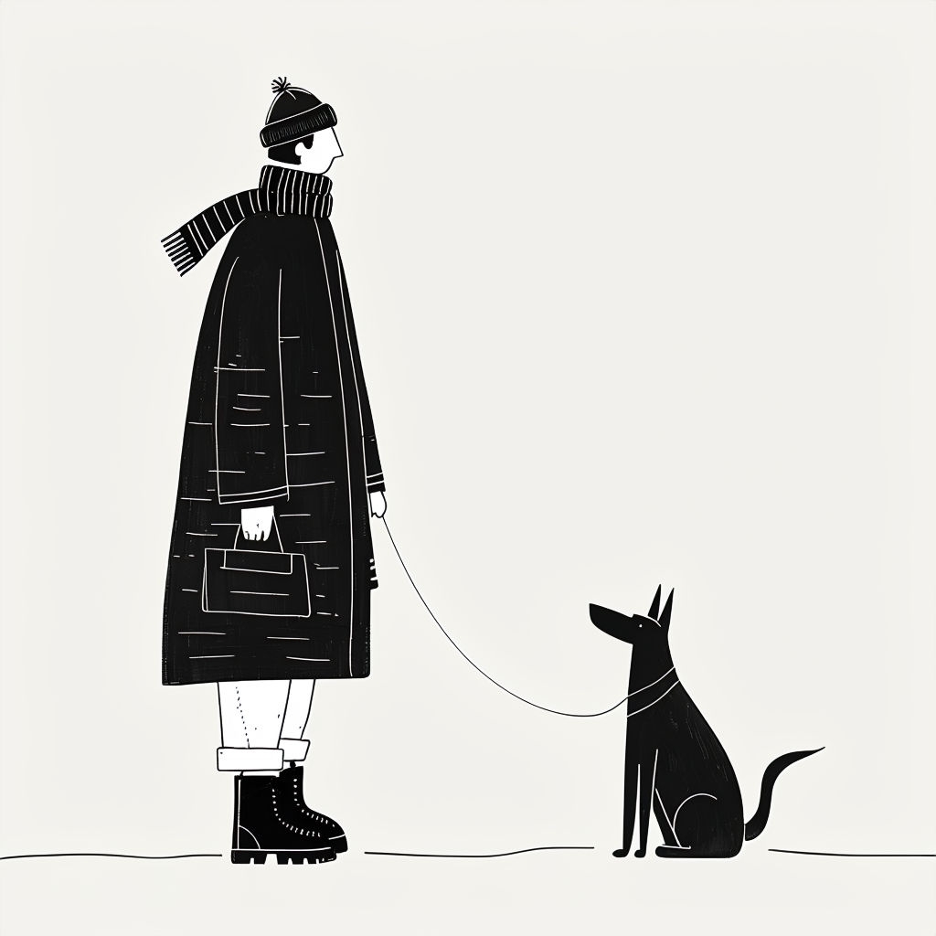 Minimalist Line Art of Person and Dog in Black and White Poster