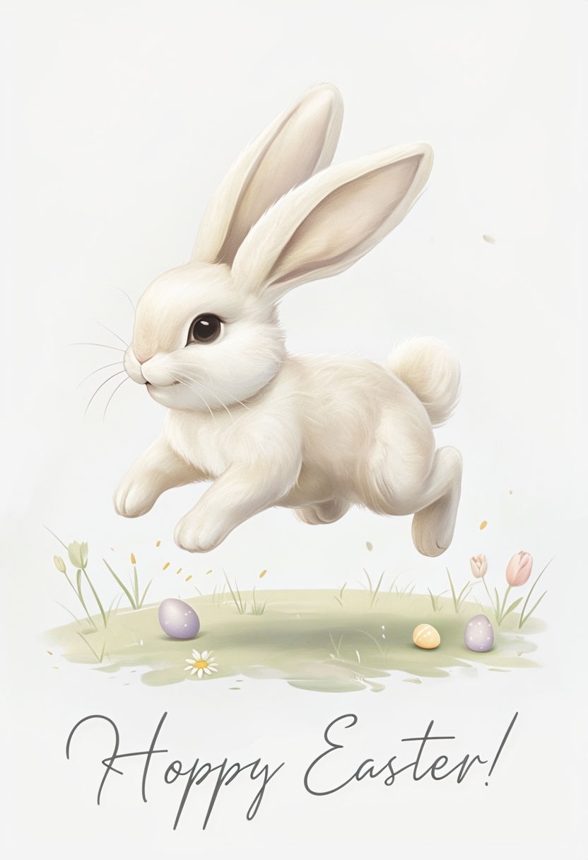 Minimalist Easter Bunny Hopping in Spring Meadow Illustration for Cards & Invites