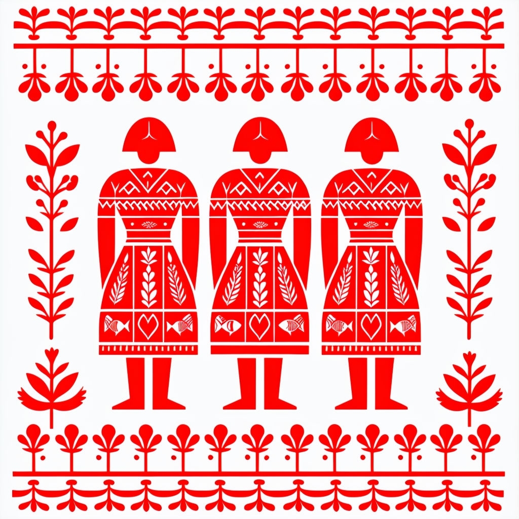 Vibrant Red Folk Art Figures with Geometric Patterns Seamless Pattern