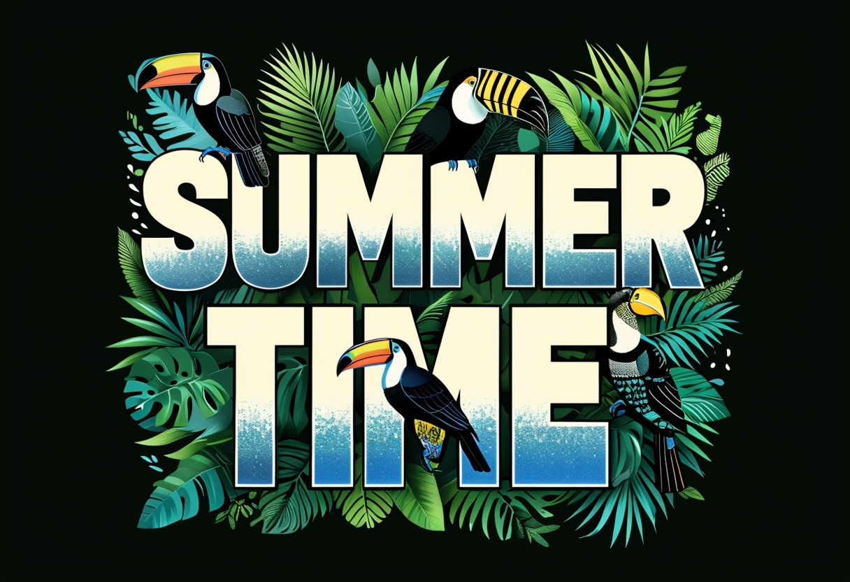 Vibrant Summer Time Tropical T-Shirt Design with Toucans