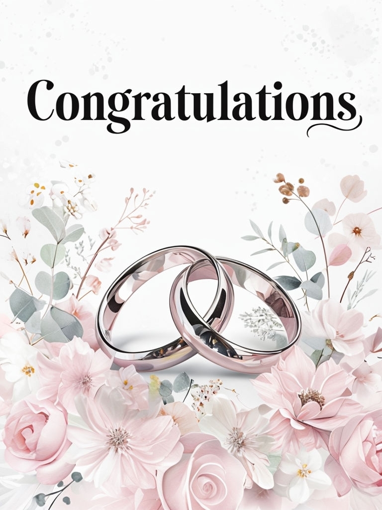 Elegant Wedding Rings and Floral Border Congratulations Card