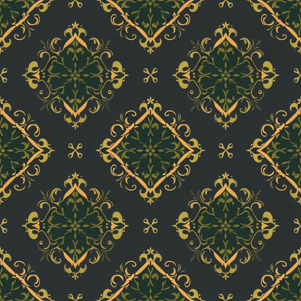 Elegant Forest Green and Amber Damask Pattern Design Seamless Pattern