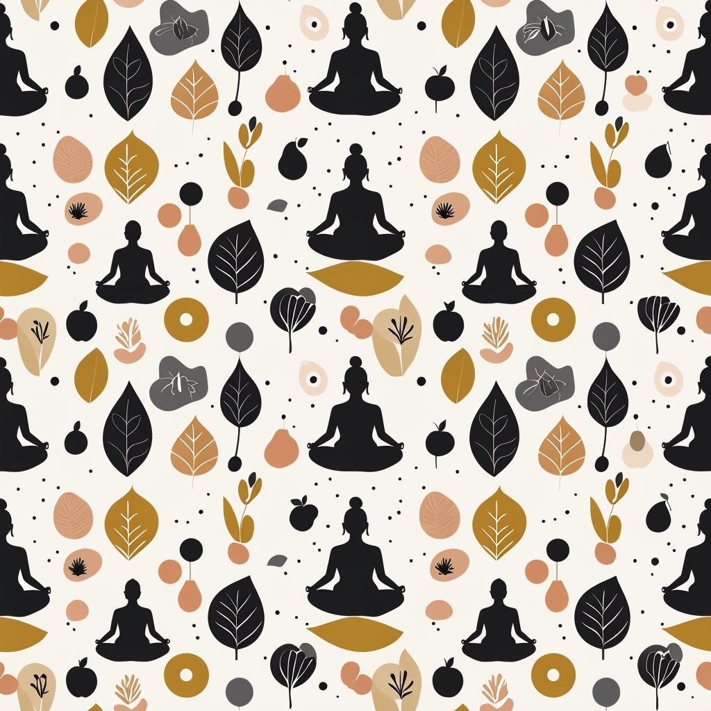 Meditating Figures and Botanical Silhouettes Seamless Pattern