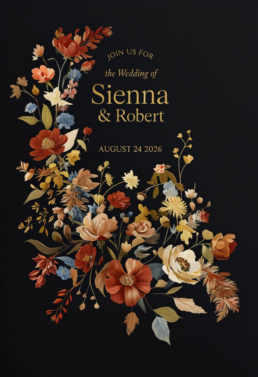 Elegant Black Floral Wedding Invitation