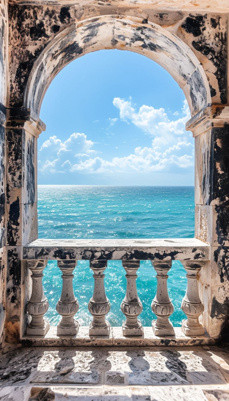 Rustic Stone Balcony Overlooking Turquoise Ocean