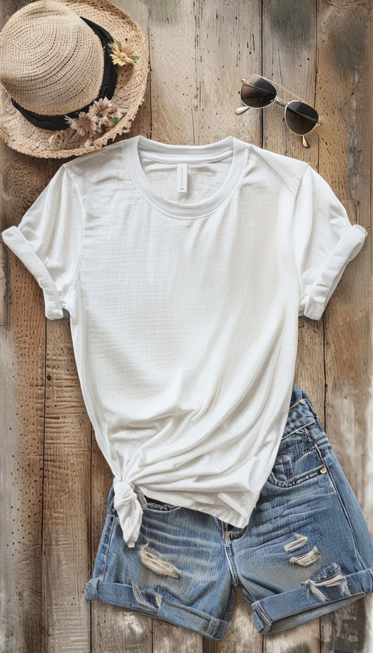 Casual T shirt Flat Lay on Rustic Wood