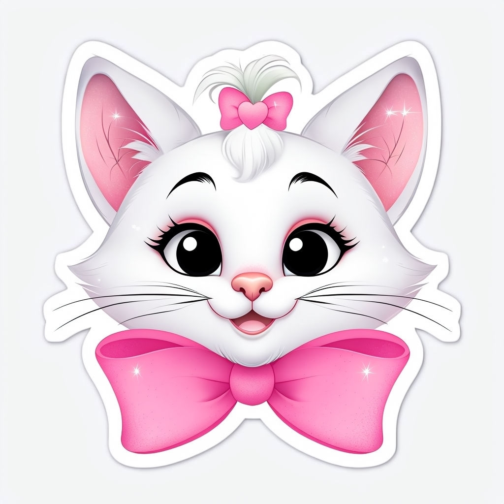 Cheerful Cartoon Cat Face Sticker with Bow and Sparkle Effects