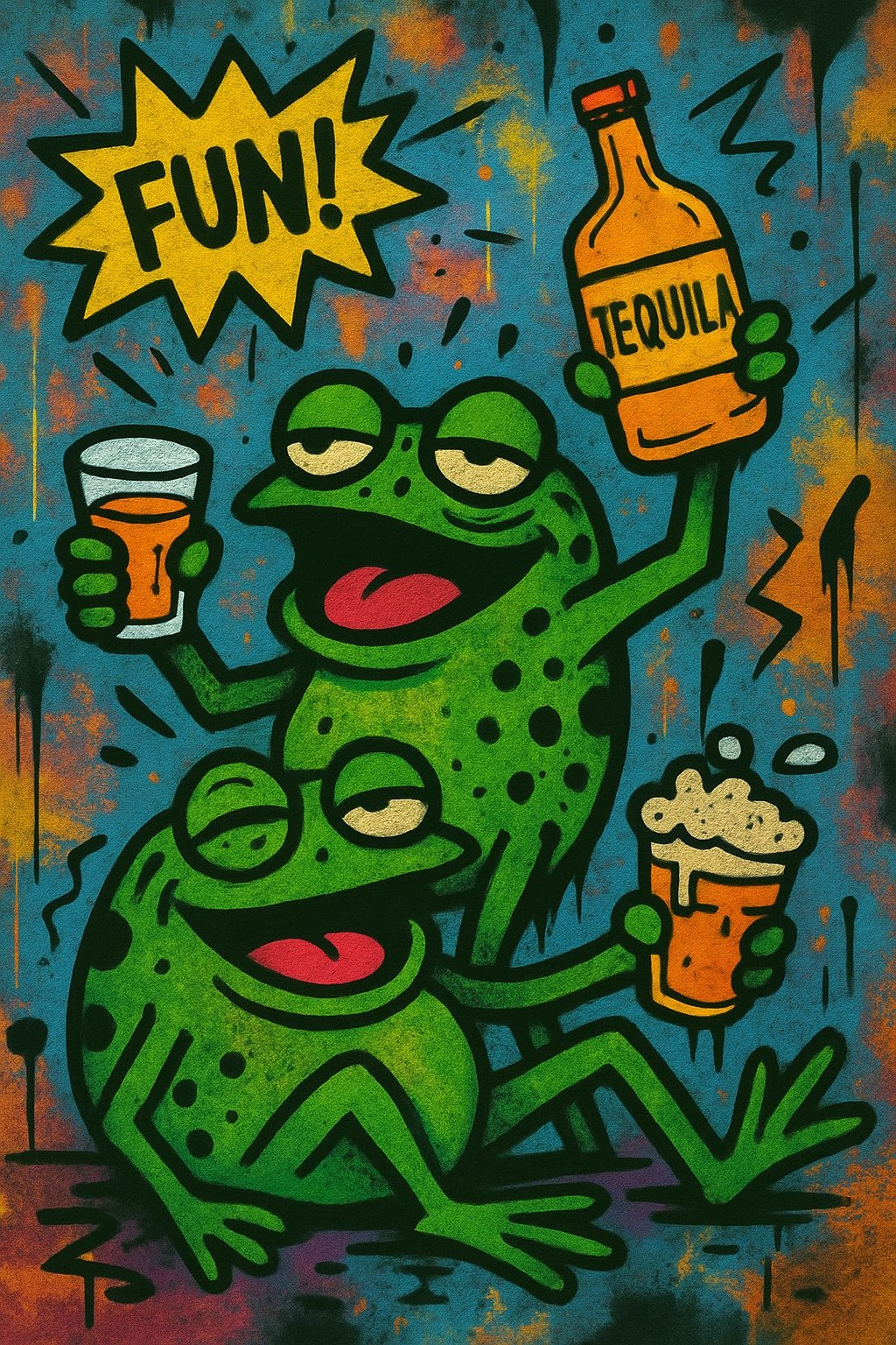 Playful Cartoon Frogs Celebrating with Tequila T-shirt
